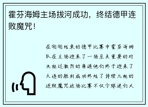 霍芬海姆主场拔河成功，终结德甲连败魔咒！